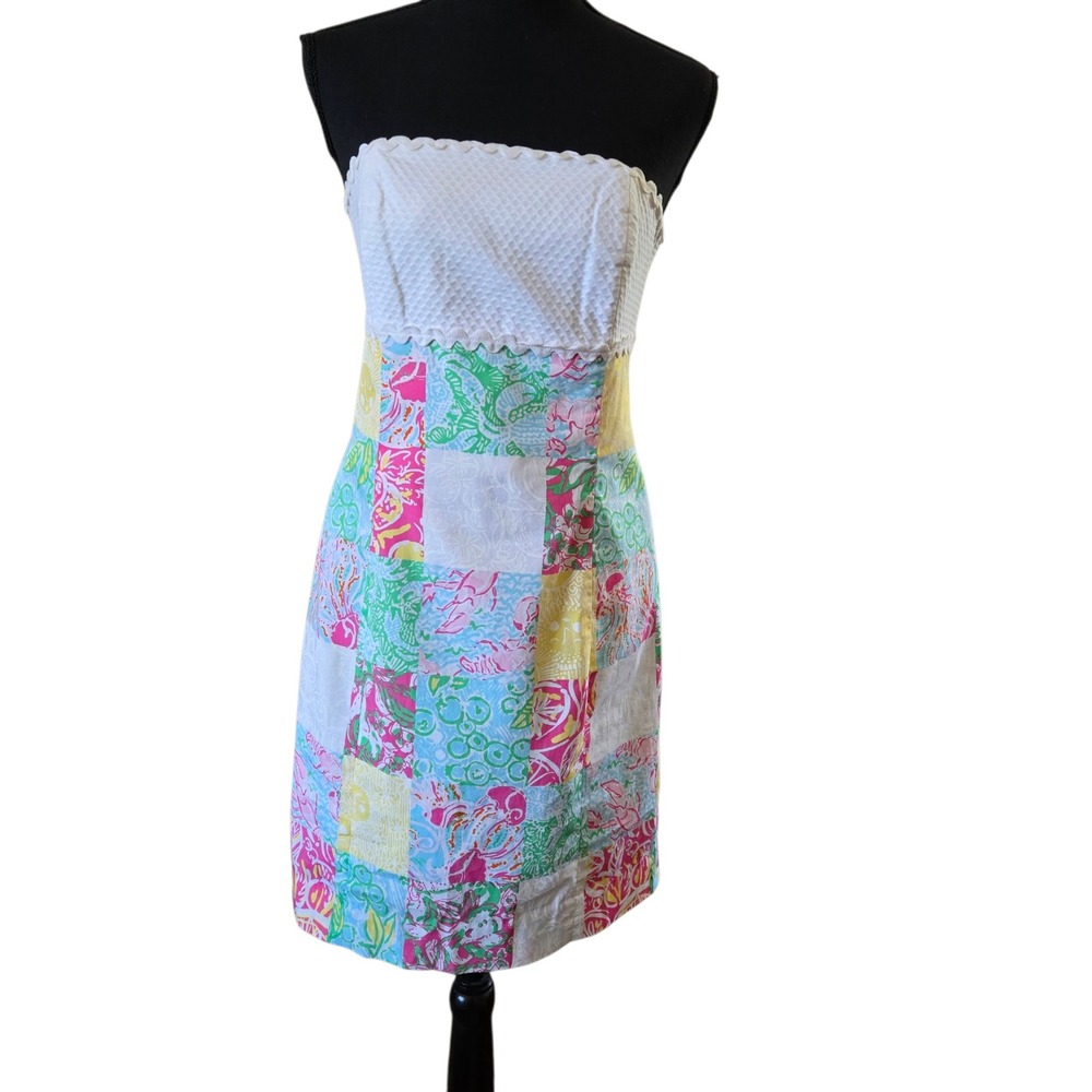 Lilly Pulitzer Strapless Patchwork Mini Dress Scalloped Waffle Bodice Size 6